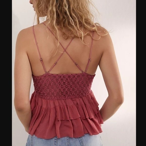 Free People Adella Cami Sweet Red Lace Ruffled Tank Top XS - Picture 3 of 3
